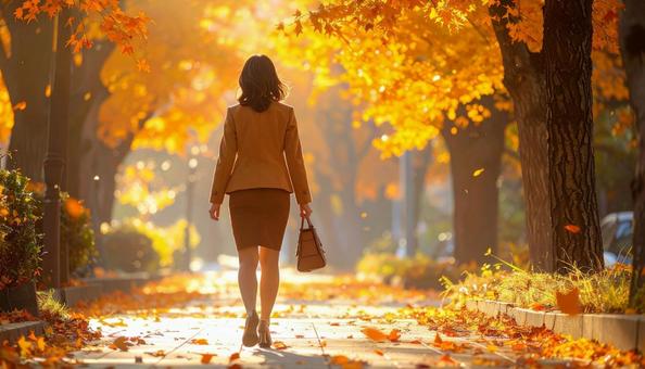 紅葉の中のスーツ姿の女性社員の後ろ姿 紅葉の中のスーツ姿の女性社員の後ろ姿の写真