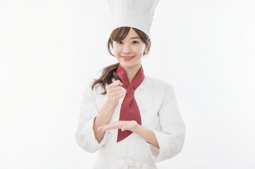 シェフ 考える シェフ 考える シェフ,女性,考えるの写真素材