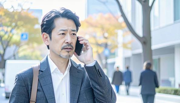 困った表情で電話する中年 困った表情で電話する中年の写真