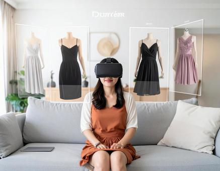 VRゴーグルを使ってドレスを選ぶ女性の写真