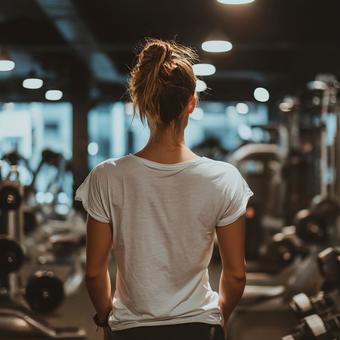 集中して運動する女性の背中の写真