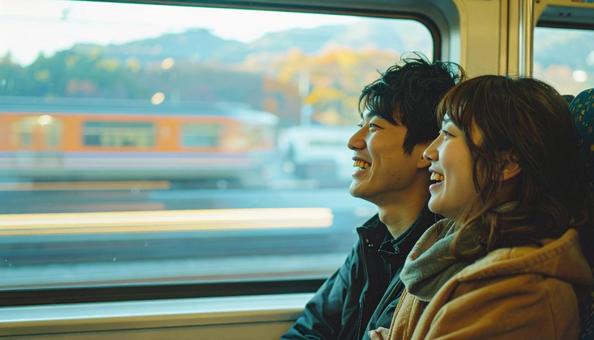 電車で旅するカップル 電車で旅するカップルの写真