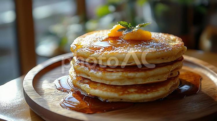 シロップたっぷりのパンケーキ パンケーキ,朝食,シロップの写真素材