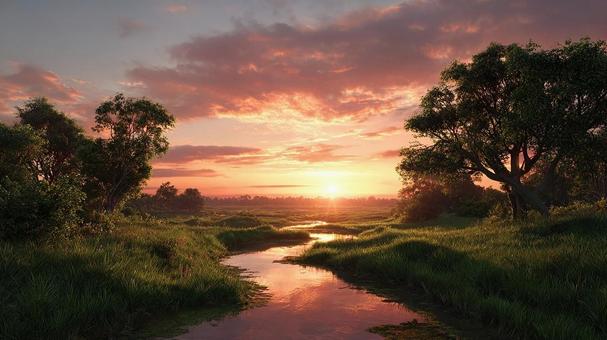 穏やかな夕暮れの草原と川 穏やかな夕暮れの草原と川の写真
