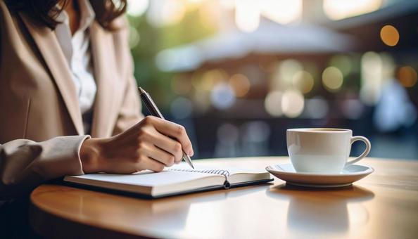 手帳にメモを取る会社員の手元 手帳にメモを取る会社員の手元の写真