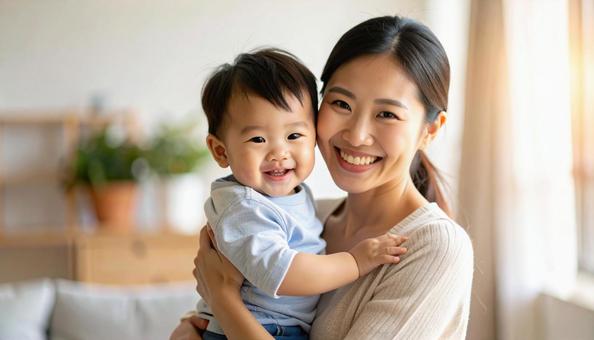 母親が子どもを抱きかかえて2人とも笑顔 母親が子どもを抱きかかえて2人とも笑顔の写真