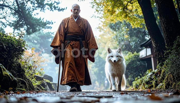 白い狐と旅する僧侶 白い狐,僧侶,旅の写真素材