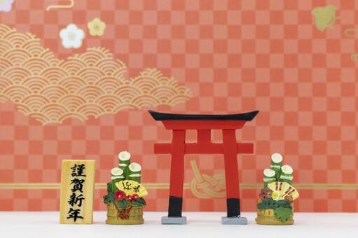 和柄背景の鳥居と門松（初詣） 初詣,鳥居,門松の写真素材