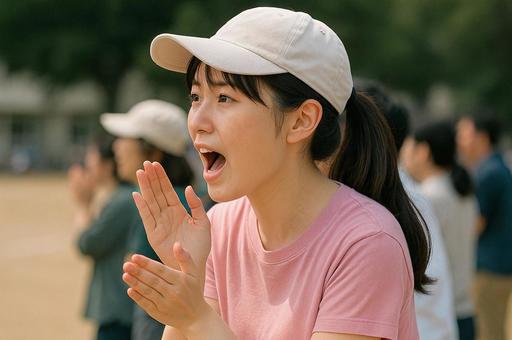 子供の運動会で応援する母親 子供の運動会で応援する母親の写真