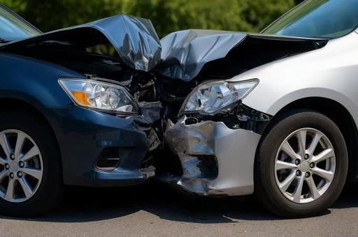 車事故・正面衝突の損傷状況・事故現場 車事故・正面衝突の損傷状況・事故現場の写真