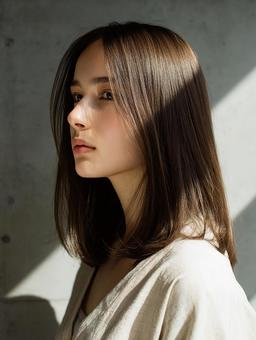 光のストライプと女性の横顔の写真