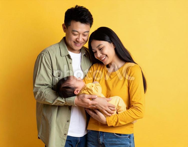 赤ちゃんを抱く幸せそうな夫婦 赤ちゃん,夫婦,親子の写真素材