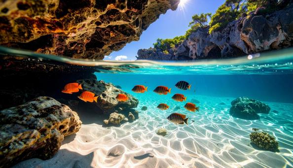 海中から見た岩場に泳ぐ熱帯魚 海中から見た岩場に泳ぐ熱帯魚の写真