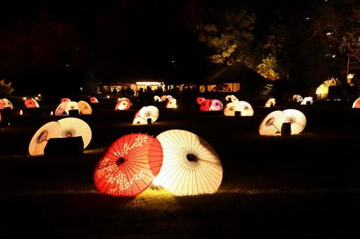 岡山後楽園の和傘のライトアップ ライトアップ,電飾,傘の写真素材