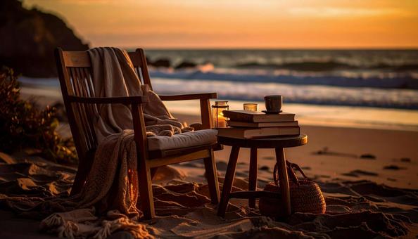 夕焼けビーチの読書時間 夕焼けビーチの読書時間の写真