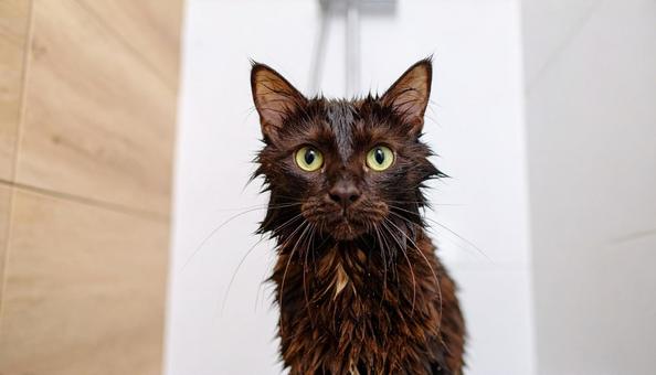 濡れた黒猫の写真