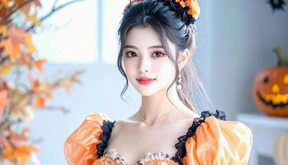 ハロウィンの仮装 女性 オレンジ色ドレス ハロウィンの仮装 女性 オレンジ色ドレスの写真