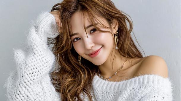 白いニットを着た日本人美女のポートレート 白いニットを着た日本人美女のポートレートの写真