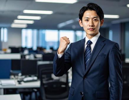 オフィスでガッツポーズをするスーツの男性の写真