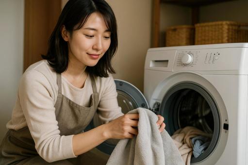 洗濯物を取り出す女性 洗濯物を取り出す女性の写真