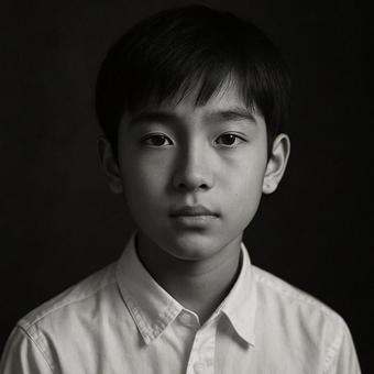 日本人少年の静かな瞳の写真