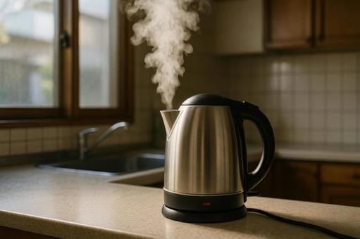 電気ケトルから立ち上る湯気の写真