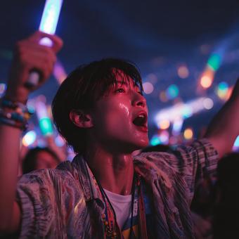 ライブで熱狂するファンの表情 ライブで熱狂するファンの表情の写真