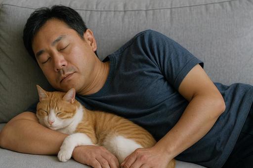 猫と一緒にソファーで眠る男性 猫と一緒にソファーで眠る男性の写真
