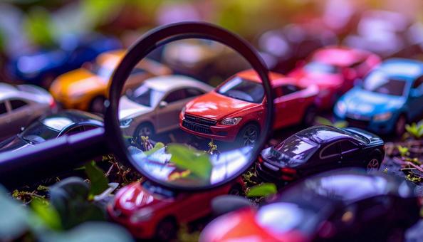 車を探す おもちゃの車を虫眼鏡で見る 車を探す おもちゃの車を虫眼鏡で見るの写真