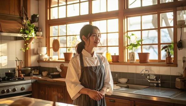 レストランの調理場で料理するスタッフ女性 レストランの調理場で料理するスタッフ女性の写真
