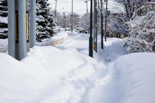 雪が積もった歩道と車道 雪,冬,積雪の写真素材