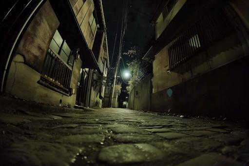 防犯カメラ風、夜の石畳と街灯の小路 防犯カメラ風、夜の石畳と街灯の小路の写真