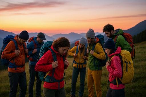 夕焼けの山で準備する登山者 夕焼けの山で準備する登山者の写真