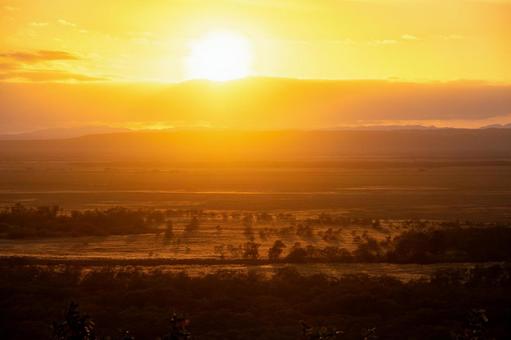 日没の光で黄金色に輝く広大な釧路湿原 釧路湿原,日の入り,影の写真素材