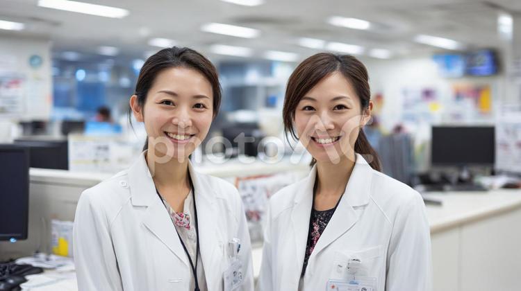 ナースステーションと二人の女性看護師 看護師,看護婦,ナースステーションの写真素材