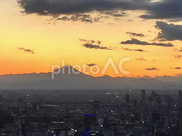 富士山と夕日 自然,夕焼け,空色の写真素材