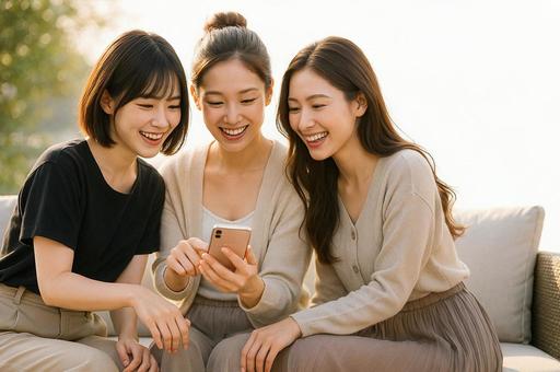 楽しげにスマホを覗き込む女の子たち 楽しげにスマホを覗き込む女の子たちの写真