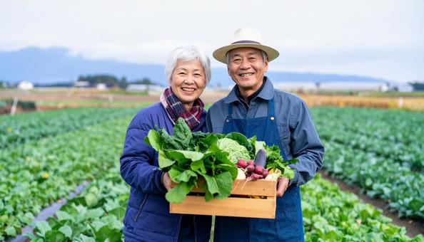 野菜畑で野菜を抱えるシニア夫婦 野菜畑で野菜を抱えるシニア夫婦の写真