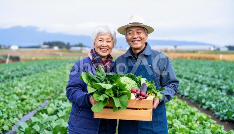 野菜畑で野菜を抱えるシニア夫婦 おじいさん,おばあさん,カップルの写真素材
