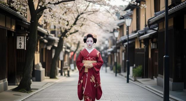 桜咲く花街を歩く舞妓の優雅な姿の写真