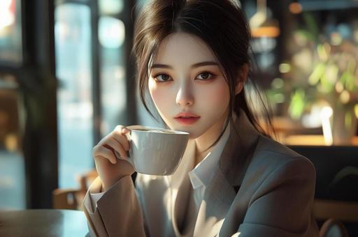 カフェでくつろぐ美しい日本女性の写真