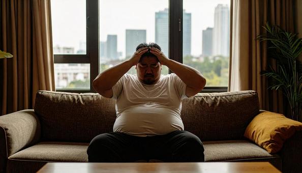 肥満で疲れやすく、額に手をやる男性の写真