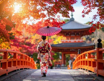 秋の紅葉の京都風な風景を歩く芸者 秋の紅葉の京都風な風景を歩く芸者の写真