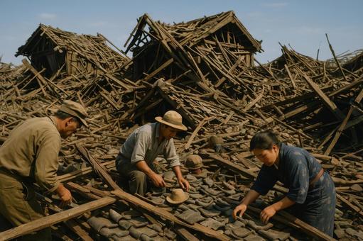 空襲で崩れた家屋 空襲で崩れた家屋の写真
