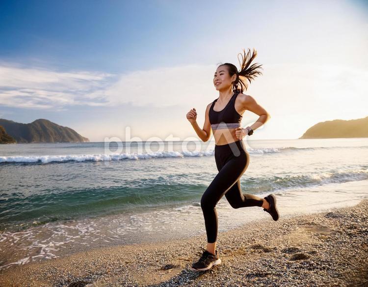 砂浜をジョギングする女性 ジョギング,女性,走るの写真素材