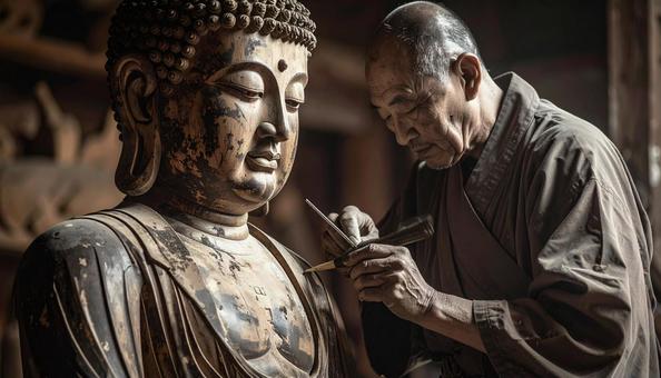 仏像制作中の仏師 仏像制作中の仏師の写真