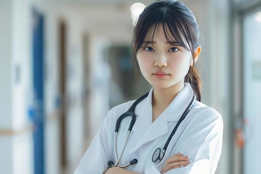 腕を組み困った表情を見せる日本人女性医師 腕を組み困った表情を見せる日本人女性医師の写真