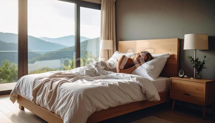 ベッドで眠る女性 女性,眠い,寝不足の写真素材