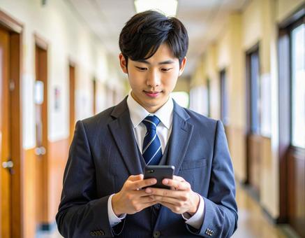 廊下でスマホを操作する男子高校生の写真