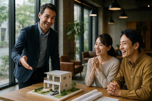 住宅模型を見る日本人夫婦とエージェント 住宅模型を見る日本人夫婦とエージェントの写真